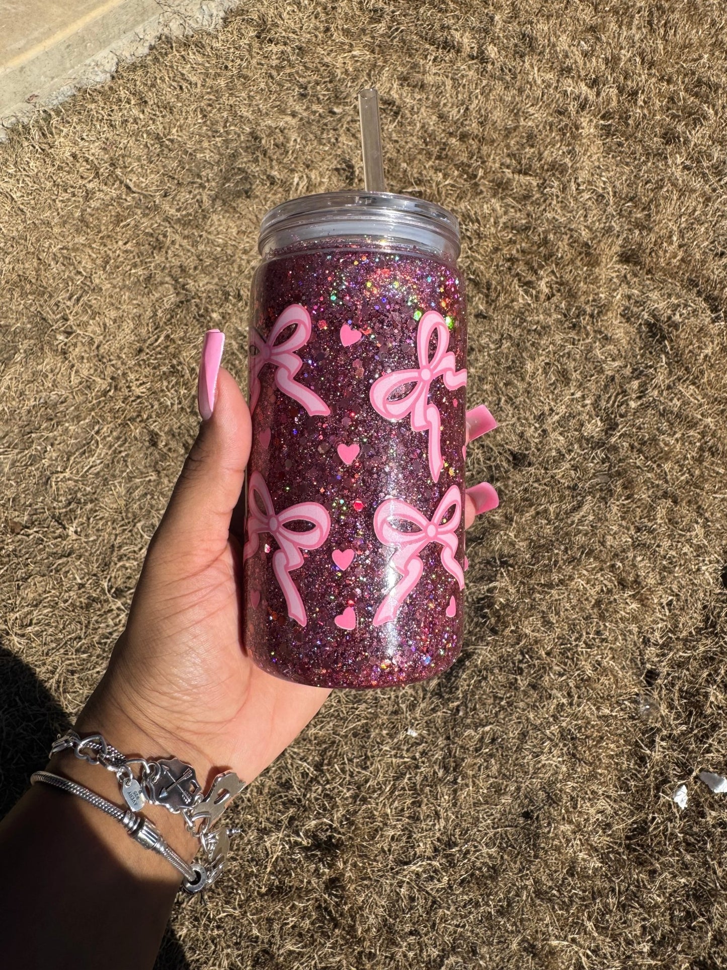 With Love Pink Bow 16oz Snowglobe Tumbler Cup