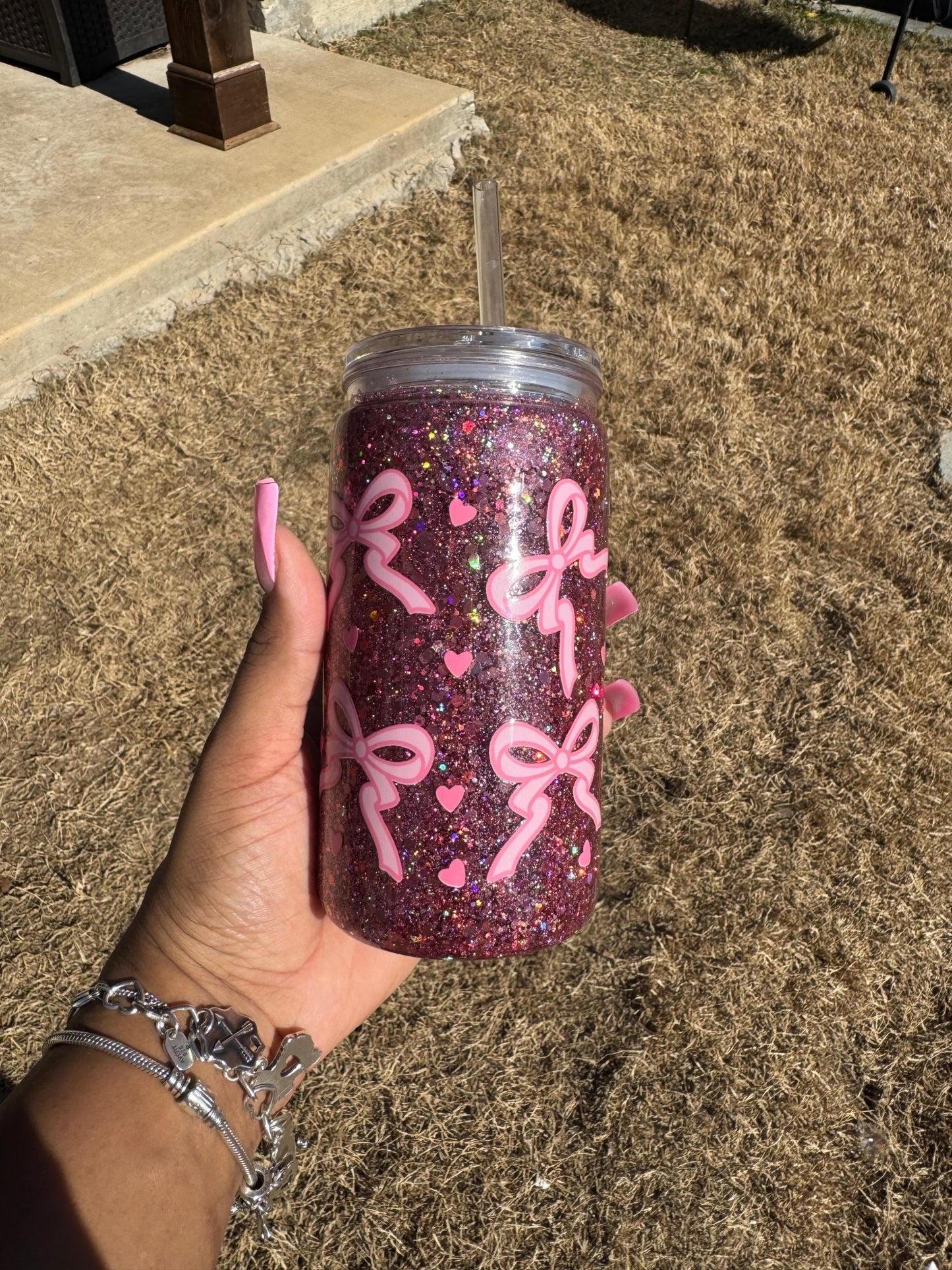 With Love Pink Bow 16oz Snowglobe Tumbler Cup