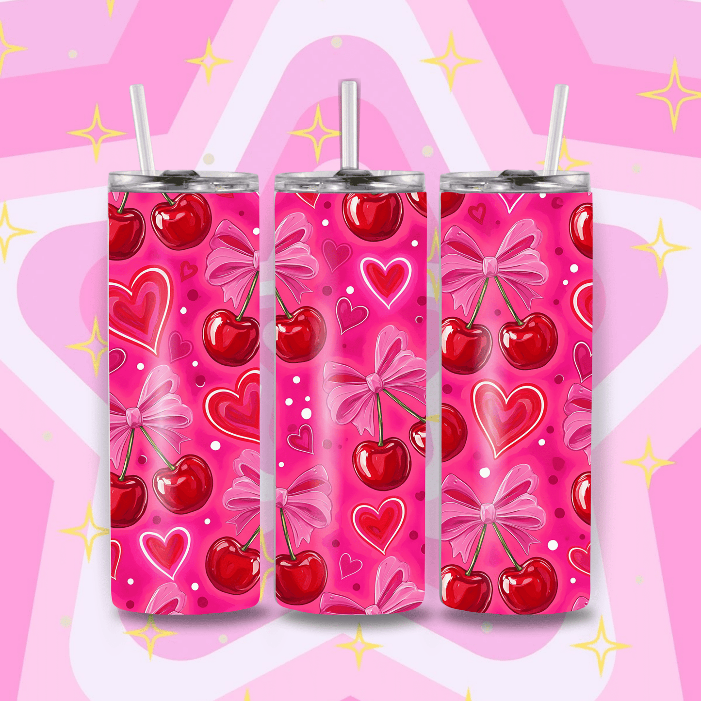 Cherry Bow Valentine 20 oz Stainless Steel Tumbler | Pink Valentine Cup with Straw