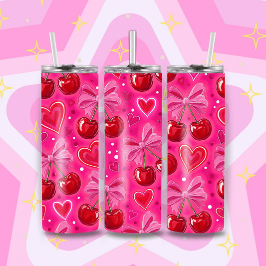 Cherry Bow Valentine 20 oz Stainless Steel Tumbler | Pink Valentine Cup with Straw